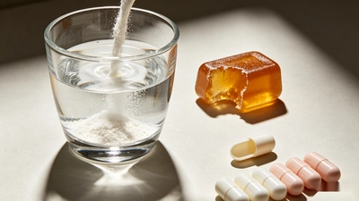 Collagen powder dissolving in water, a half-eaten collagen gummy, and opened capsules, illustrating collagen supplement format options and manufacturing complexity.