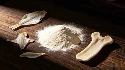 Bovine bone and marine scales beside hydrolyzed collagen peptide powder, representing collagen source selection in supplement manufacturing.