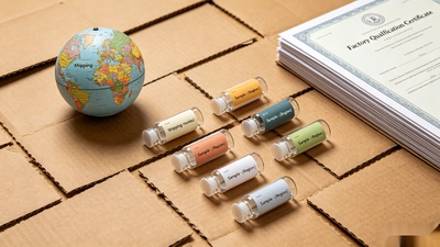 Sample vials, a globe with shipping routes, and certification documents, symbolizing the process of comparing and selecting collagen supplement manufacturers.