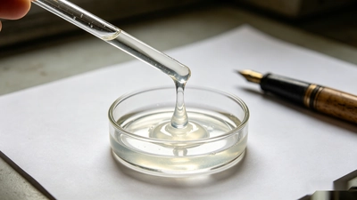 Glass stirring rod lifting a clear collagen solution filament from a beaker during custom collagen supplement formulation and sample iteration.
