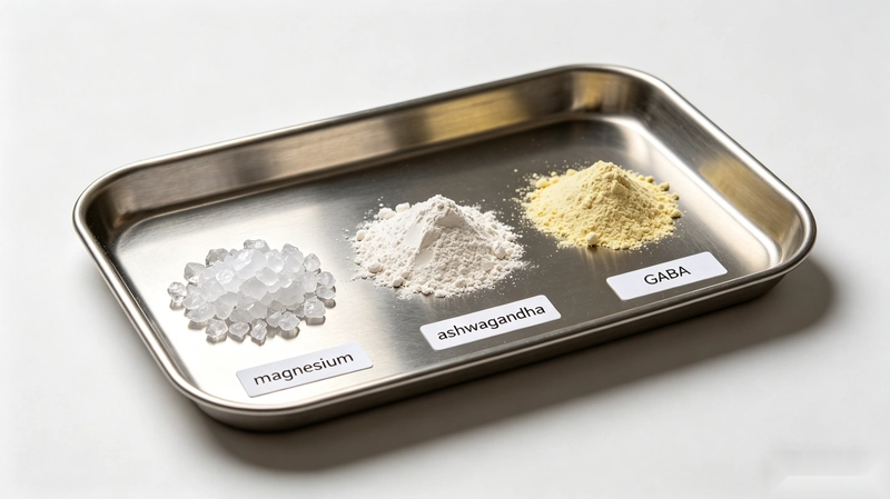 Raw supplement ingredients including magnesium glycinate, ashwagandha and GABA on a stainless tray