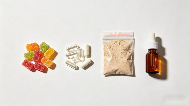 Lineup of sleep supplement dosage forms: gummies, capsules, powder stick packs and liquid drops