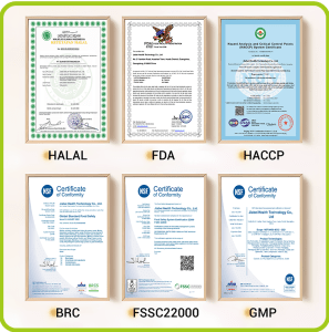 Jiabei Health Global is a GMP certified supplement manufacturer ensuring FDA compliant nutraceuticals. View our quality certifications including HALAL HACCP BRC FSSC22000 and other key standards.