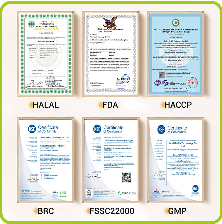 Jiabei Health Global is a GMP certified supplement manufacturer ensuring FDA compliant nutraceuticals. View our quality certifications including HALAL HACCP BRC FSSC22000 and other key standards.
