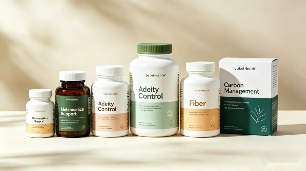 Realistic display of Jiabei Health full spectrum weight management supplements, metabolism support, appetite control, fiber powder, carb blocker, stimulant-free formula, meal replacement powder and lean body support supplements