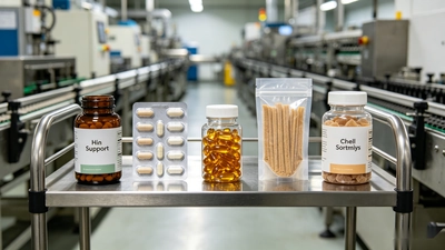 Five product format samples of liver support supplements including capsules, tablets, softgels, powders, and gummies on a production cart.