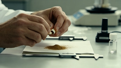 A formulator's hands checking a liver support supplement capsule's powder weight and shell integrity at the R&D workstation.