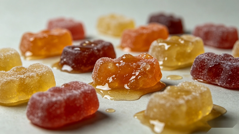 Close-up of men's health supplement gummies showing texture breakdown and weeping after accelerated stability testing, a common production failure when formulas are not properly matched to format