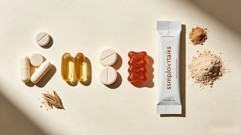 Various dosage forms of men's health supplements including capsules, softgels, tablets, gummies, and stick pack powders, representing the product range for private label brands