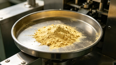 Milk thistle extract powder on a capsule filling machine tray, showing granule behavior that influences fill weight consistency.