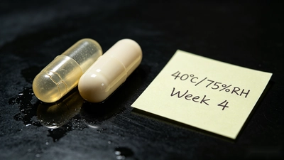 Comparison of a gelatin capsule with cracks next to an intact HPMC capsule after accelerated stability testing of an NAC-containing liver support supplement.