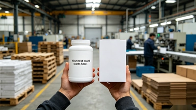 Hands holding a blank white supplement jar and box in a factory, representing ready-to-launch private label collagen supplement manufacturing.