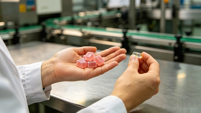Side-by-side comparison of women's probiotic gummies and a capsule held in hand during format selection in supplement manufacturing