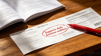 Draft label of a women's probiotic supplement being reviewed against FDA structure/function claims guidance, with a circled claim phrase