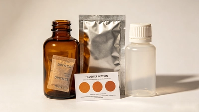 Selection of packaging formats for women's probiotic supplements including amber glass bottle with desiccant, stick pack, and PET bottle, emphasizing moisture protection