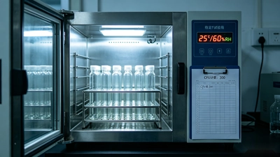 Stability testing chamber monitoring temperature and humidity to evaluate CFU survival in women's probiotic supplement samples