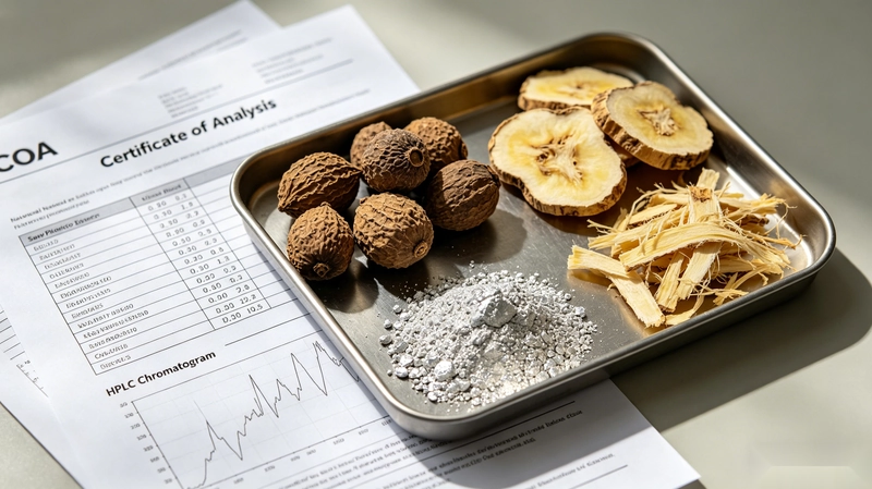 Saw palmetto berries and zinc powder on a lab tray beside a certificate of analysis, illustrating raw material quality control for men's health supplement manufacturing
