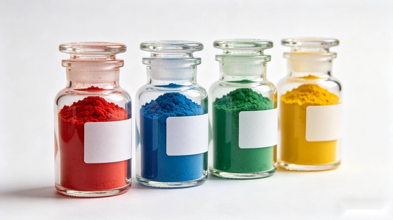 Four glass vials representing different formula directions for sleep, stress and calm supplements