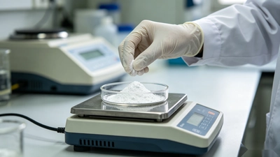 A laboratory technician weighing powder sample for active ingredient testing as part of supplement COA quality verification.