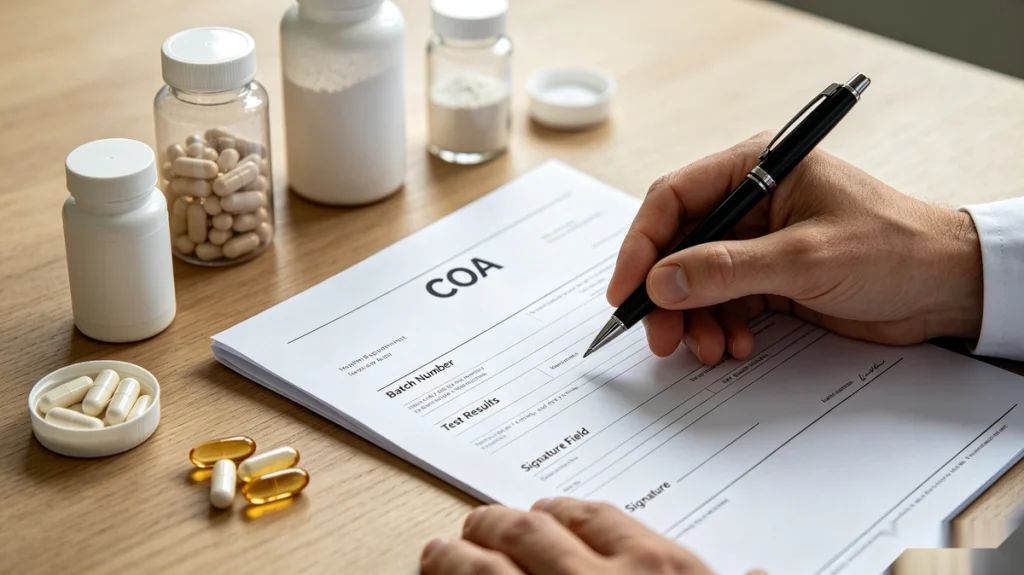 A supplement COA document being reviewed, showing batch number, test results, and QC approval, with supplement product samples on the table.