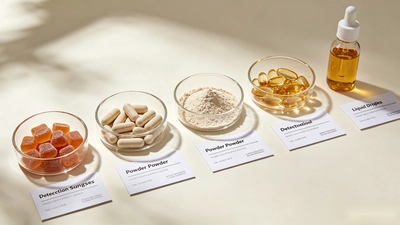 Different supplement dosage forms including gummies, capsules, powders, softgels, and liquid drops arranged for supplement COA specification review.