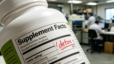 Supplement Facts label for a liver support supplement, with "detox" claim crossed out to show regulatory review before manufacturing.