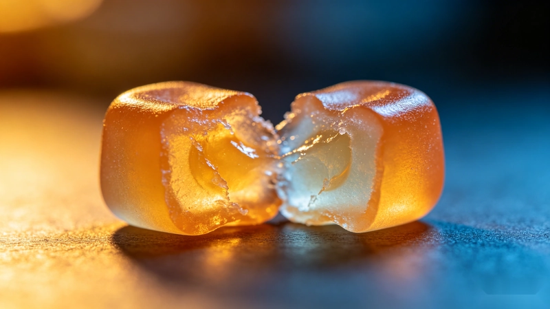 Cross-section of a gummy showing internal texture related to manufacturing taste and stability