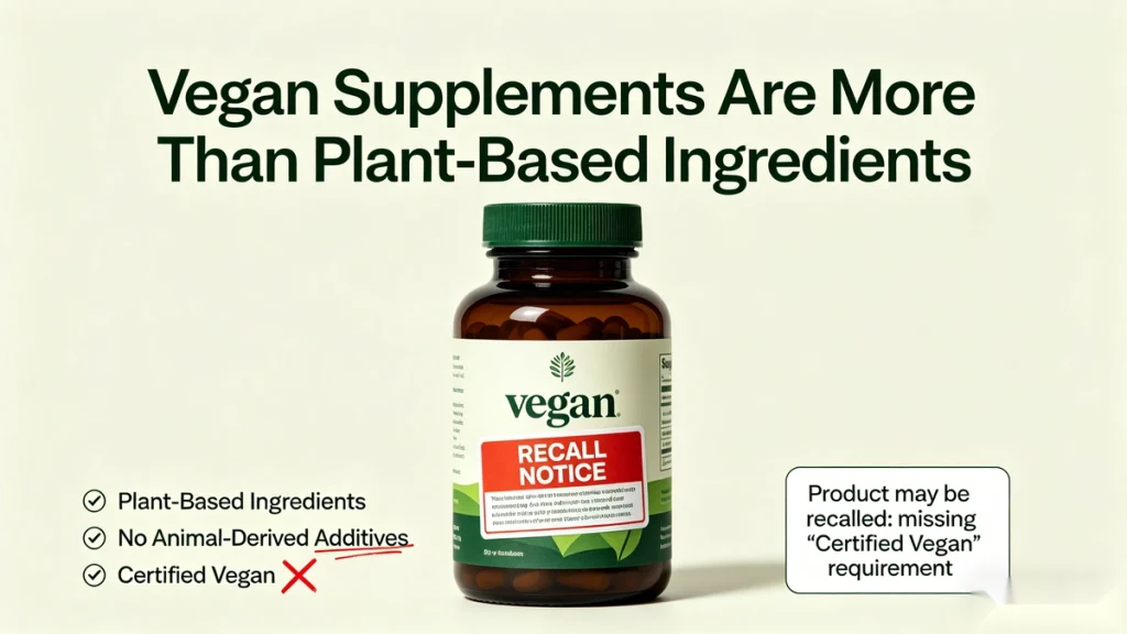 Vegan supplement compliance check beyond plant-based ingredients, hidden excipient risks, capsule shell, magnesium stearate and factory audit certification standards