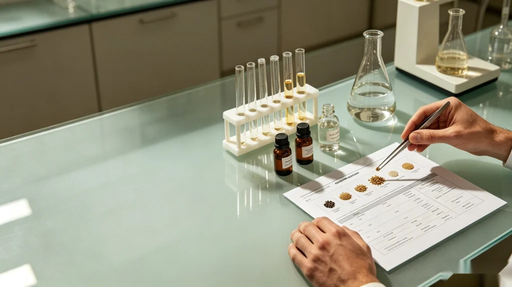 Realistic lab scene for vegan supplement pre-sampling inspection: hands handling raw material samples and specification documents with lab glassware, neutral clean background, 16:9