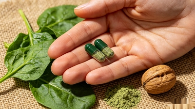 Close-up of two dark green vegan capsules of vitamin D3 K2 supplement resting on a palm, surrounded by fresh spinach leaves, lichen powder, and a walnut, representing lichen-derived D3 and plant-based fermentation K2.