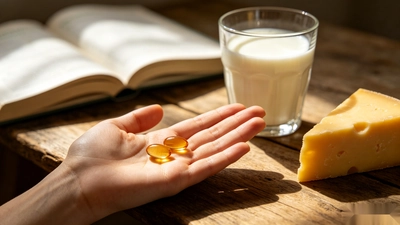 Two amber softgel vitamin D3 and K2 supplements next to a glass of milk and cheese on a rustic wooden table, illustrating how D3 supports calcium absorption and K2 helps direct it to bones.