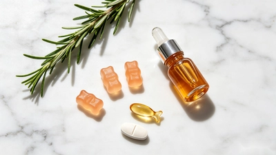 Flat lay photograph of vitamin D3 K2 supplement formats including amber liquid drops in a glass bottle, orange pectin gummies, a fish-shaped softgel, and a white tablet on a marble surface with a sprig of fresh rosemary.