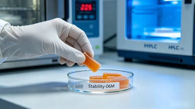 Gloved hand placing an orange D3 K2 gummy into a labeled petri dish, with a stability chamber and HPLC instrument visible in the background, representing nutrient potency monitoring and shelf-life testing for dietary supplements.