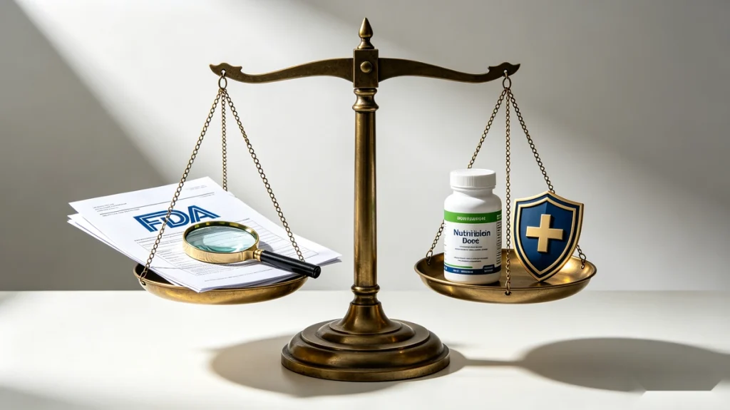Realistic scene of dietary supplement label compliance check, ingredient safety audit, caffeine transparency and regulatory review for weight management products