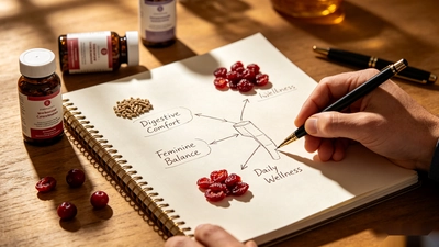 Hand-drawn formulation notes showing three positioning directions for a women's probiotic supplement—digestive comfort, feminine balance, and daily wellness—with raw ingredient samples on a lab desk