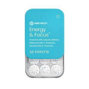 A blue and white tin of JiaBei Health Natural Energy & Focus Mints, labeled "Powered with natural caffeine, balanced with L-theanine, infused with B-vitamins" and "12 MINTS." The bottom section shows six individual mints. This premium Natural Energy & Focus Mints product is offered by a GMP, ISO22000, HALAL, and KOSHER certified bulk provider, with a minimum order quantity of 500 units for wholesale and private label opportunities.