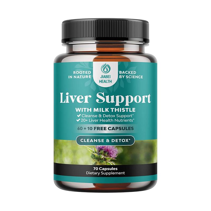 A bottle of JiaBei Health Liver Support with Milk Thistle capsules, labeled "Rooted in Nature, Backed by Science" and featuring "Cleanse & Detox Support" and "20+ Liver Health Nutrients." The bottle contains 70 capsules. This premium Liver Support with Milk Thistle product is offered by a GMP, ISO22000, HALAL, and KOSHER certified bulk provider, with a minimum order quantity of 500 units for wholesale and private label opportunities.