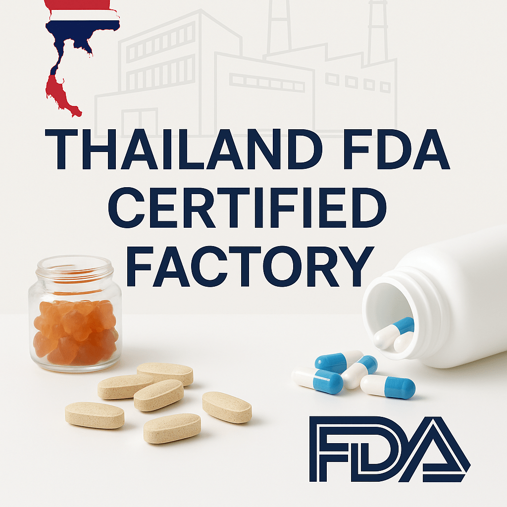 Thailand FDA certified supplement factory by Jiabei Health offering OEM supplement manufacturing, private label, compliance, and global logistics solutions.