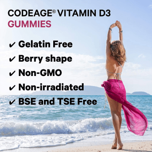 Two bottles of 5,000 IU Vitamin D3 gummies are shown with labels indicating "Gluten Free," "Non GMO," and "cGMP Certified," alongside scattered gummies, emphasizing the high strength and quality of this Vitamin D3 supplement.