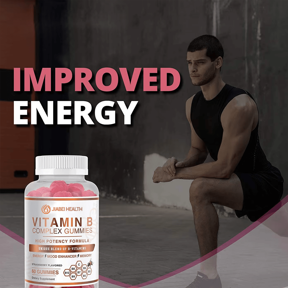 JiaBei Health Vitamin B Complex Gummies promoting improved energy for an active lifestyle, available for bulk purchase.