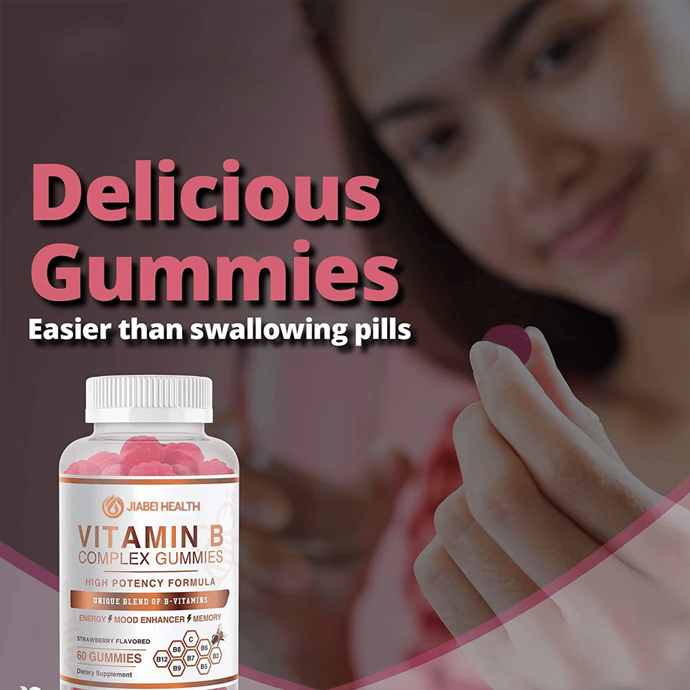 Strawberry flavored Vitamin B Complex Gummies highlighted as a delicious and easy alternative to swallowing pills, ideal for resellers.