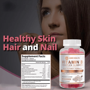 JiaBei Health Vitamin B Complex Gummies supporting healthy skin, hair, and nails, with supplement facts shown, for wholesale distribution.