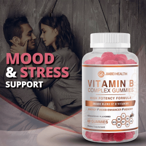 JiaBei Health Vitamin B Complex Gummies shown promoting mood and stress support, available for wholesale accounts.