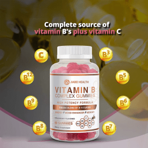 Illustration showcasing JiaBei Health Vitamin B Complex Gummies as a complete source of essential B vitamins plus Vitamin C, for wholesale.