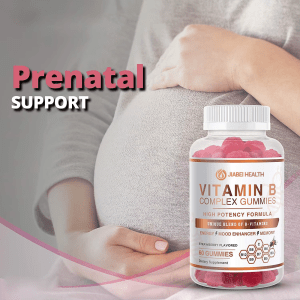 JiaBei Health Vitamin B Complex Gummies highlighted for prenatal support, suitable for wholesale and retail markets.