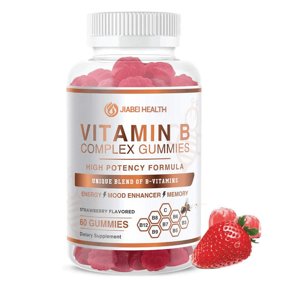 Bottle of JiaBei Health Vitamin B Complex Gummies with a high-potency formula for energy, mood, and memory, ideal for prenatal and daily wellness.