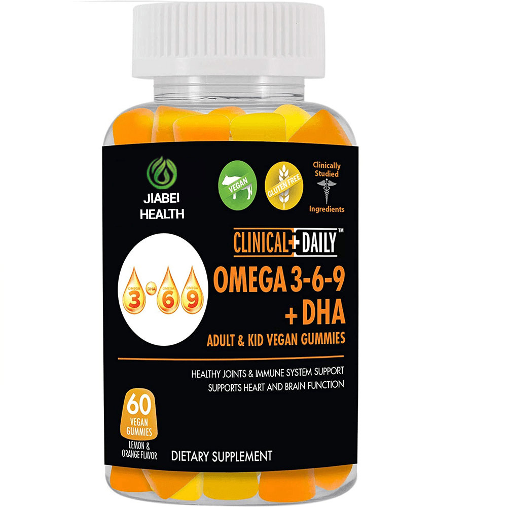 Bottle of lemon and orange flavor Omega 3-6-9 plus DHA vegan gummies by Jiabei Health, gluten-free plant-based supplement for heart, brain, joint, and immune support, available for OEM and private label.