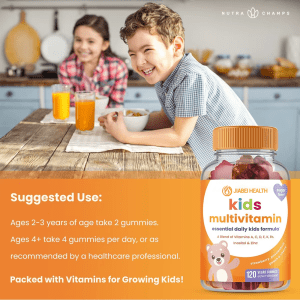 Children smiling at breakfast table with Jiabei Health sugar-free kids multivitamin gummies for daily nutrition