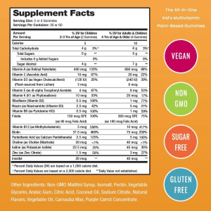 Supplement facts panel of Jiabei Health kids multivitamin gummies showing daily values of vitamins and minerals