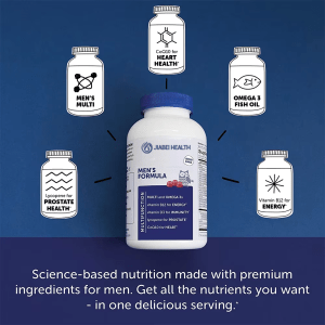 Jiabei Health Men’s Formula Multivitamin Omega Gummies showing key nutrients like Omega 3, vitamin B12 for energy, CoQ10 for heart health, and lycopene for prostate support